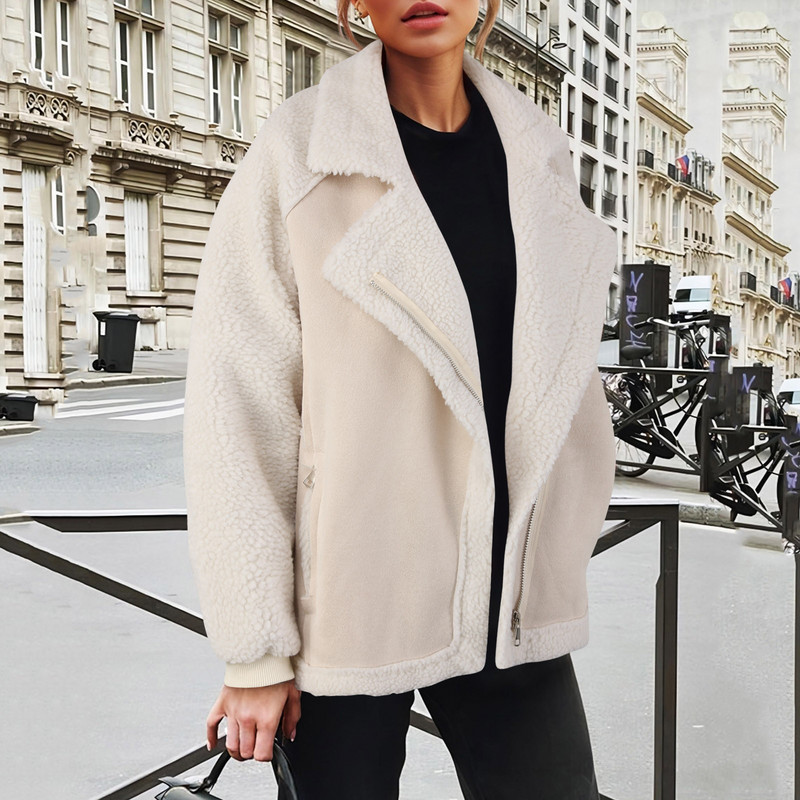 Sieviešu jēra vilnas jaka Amerikāņu retro atloks Flīsa jaka apgriezta garām piedurknēm kabatas mākslīgās kažokādas mēteļi motociklu vilnas jakas