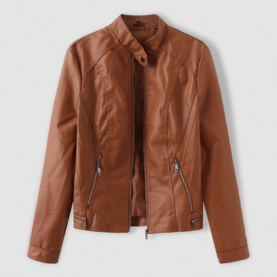 Amerikāņu retro ādas jakas Sieviešu mākslīgās ādas jakas ar garām piedurknēm Slim Fit atloks Bomber ādas jaka Motociklistu mēteļi