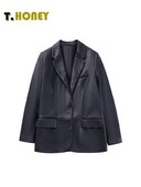 TELLHONEY Ženska modna odjeća od umjetne kože s urezanim ovratnikom s jednim gumbom Ženska ležerna odjeća dugih rukava širokih s džepovima Blazer