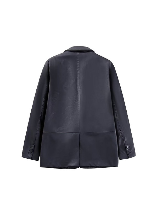 TELLHONEY Ženska modna odjeća od umjetne kože s urezanim ovratnikom s jednim gumbom Ženska ležerna odjeća dugih rukava širokih s džepovima Blazer