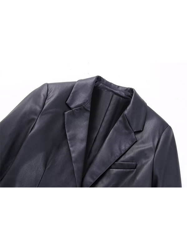 TELLHONEY Ženska modna odjeća od umjetne kože s urezanim ovratnikom s jednim gumbom Ženska ležerna odjeća dugih rukava širokih s džepovima Blazer