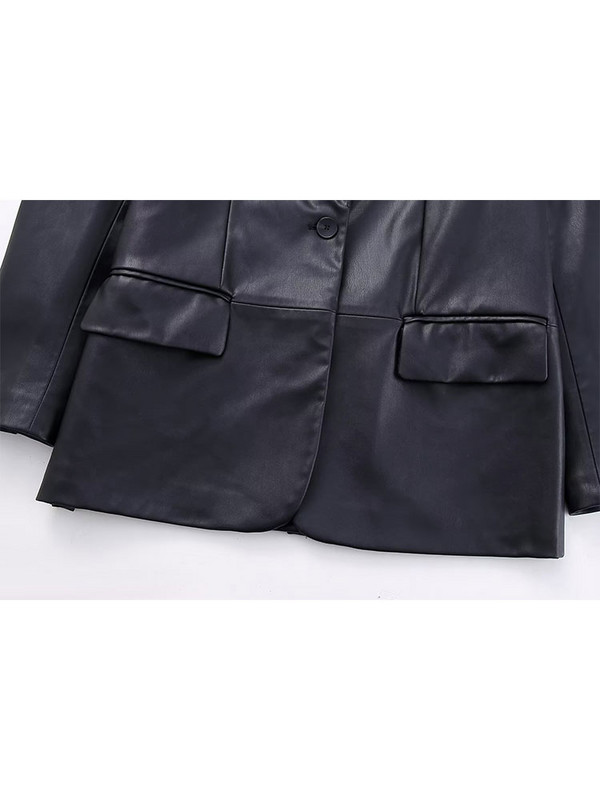 TELLHONEY Ženska modna odjeća od umjetne kože s urezanim ovratnikom s jednim gumbom Ženska ležerna odjeća dugih rukava širokih s džepovima Blazer