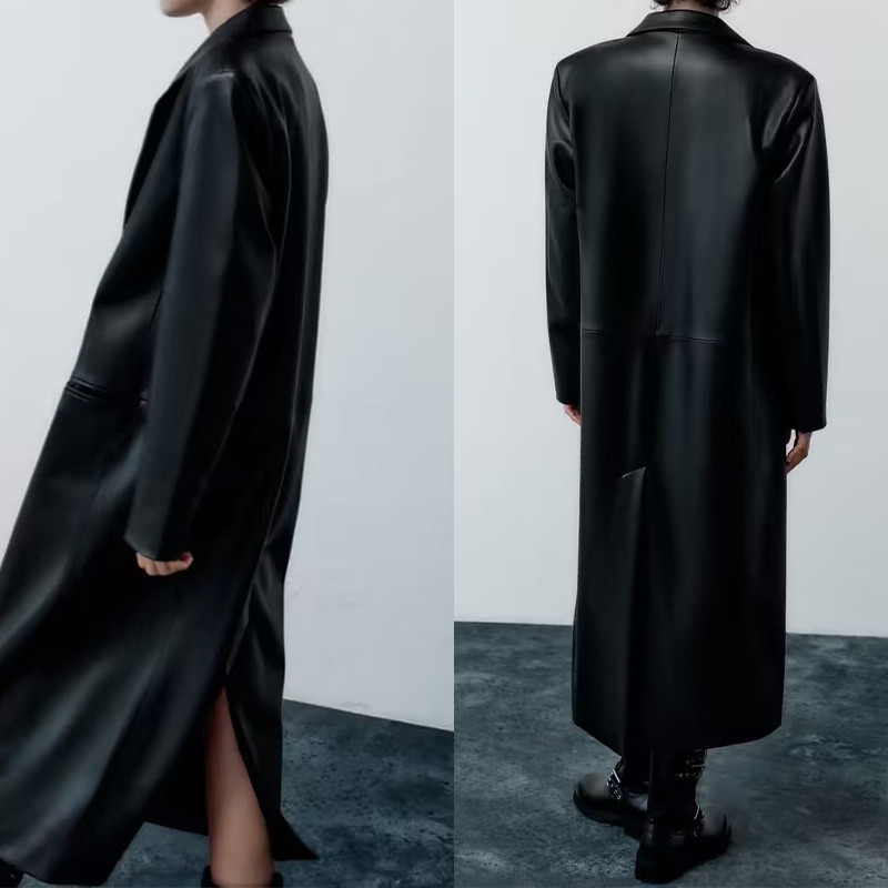 Crni ženski baloner od umjetne kože s remenom dugih rukava Ženski široki modni baloner 2023., ženski H dugi baloner