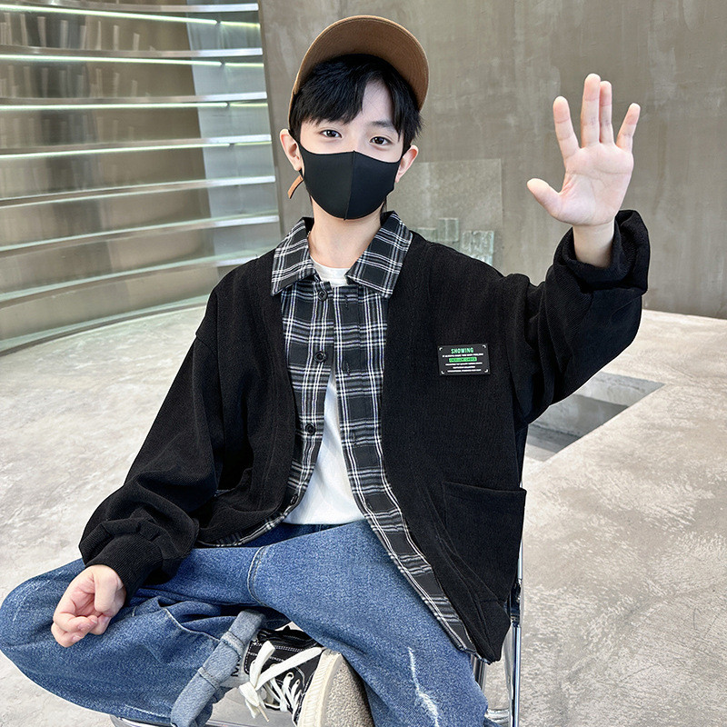 Proljeće Jesen Dječji korejski kardigan Karirana košulja Spojena jakna za dječake Mekani kaputi Modni lažni dvodijelni gornji dijelovi Dječja odjeća