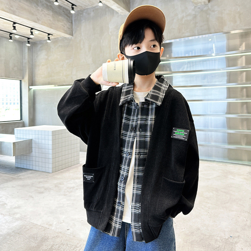 Proljeće Jesen Dječji korejski kardigan Karirana košulja Spojena jakna za dječake Mekani kaputi Modni lažni dvodijelni gornji dijelovi Dječja odjeća