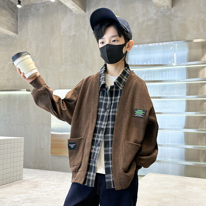 Proljeće Jesen Dječji korejski kardigan Karirana košulja Spojena jakna za dječake Mekani kaputi Modni lažni dvodijelni gornji dijelovi Dječja odjeća