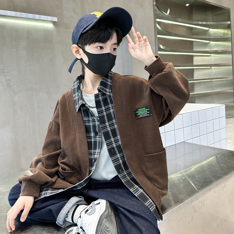 Proljeće Jesen Dječji korejski kardigan Karirana košulja Spojena jakna za dječake Mekani kaputi Modni lažni dvodijelni gornji dijelovi Dječja odjeća