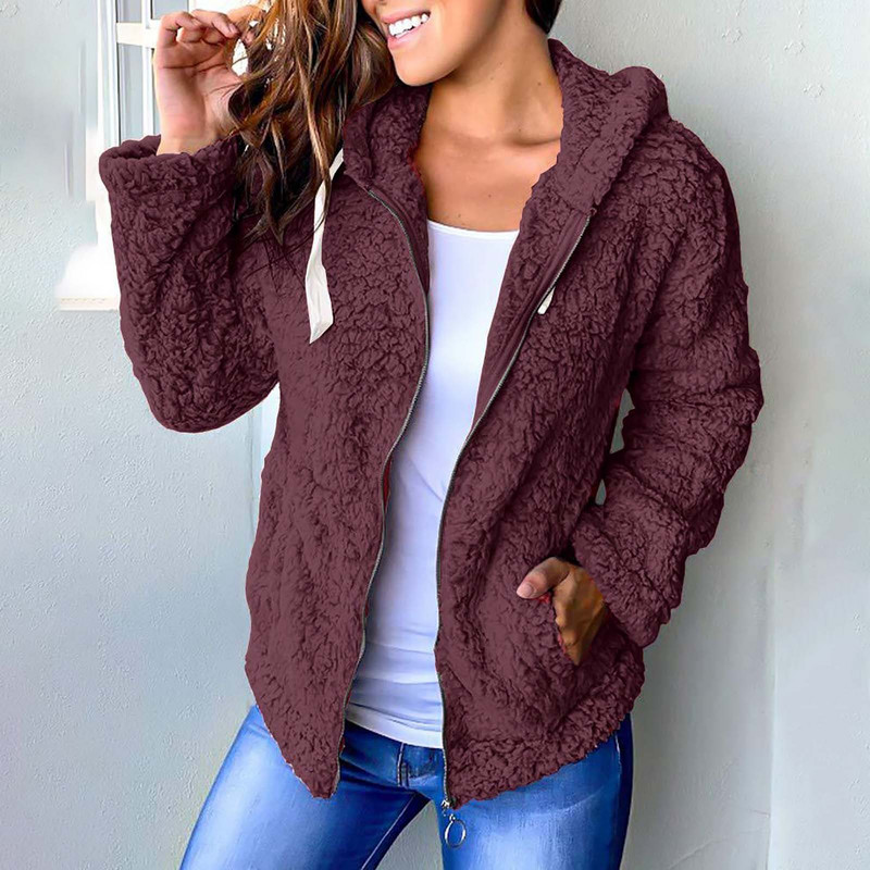 Ziemas silta jēra vilnas jaka sievietēm ar garām piedurknēm rāvējslēdzēji mēteļi ar kapuci vienkrāsaini liela kabata pūkaini mēteļi jaciņa čaketas