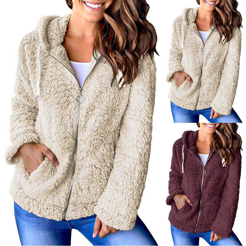 Ziemas silta jēra vilnas jaka sievietēm ar garām piedurknēm rāvējslēdzēji mēteļi ar kapuci vienkrāsaini liela kabata pūkaini mēteļi jaciņa čaketas