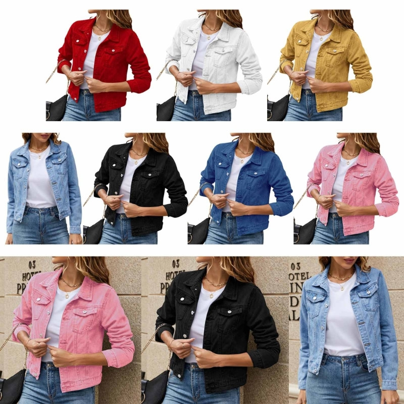 Moteriškas trumpas džinsinis džinsinis paltas ilgomis rankovėmis, susagstytas Jean Trucker paltas su kišenėmis