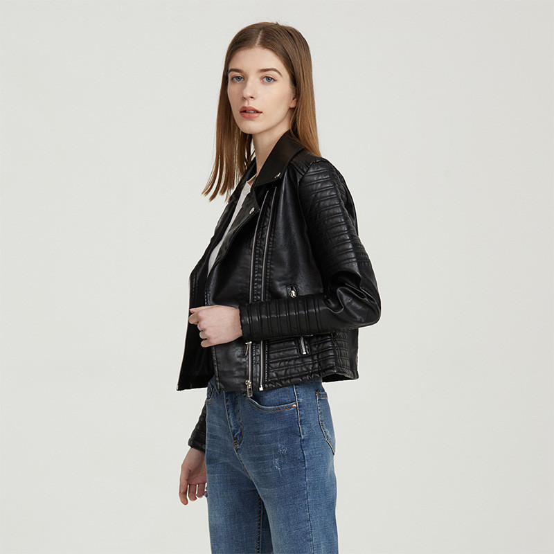 Jakna od pu kože jesen/zima, uski kroj, kratki rever, crni patentni zatvarač, višenamjenski kožni kaput za rock sportove