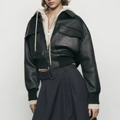 2023 m. rudens moteriškas Pu odinis didelių kišenių striukė Moteriškas laisvalaikio paltas su apykakle ilgomis rankovėmis, skirtas moteriškas paltas su užtrauktuku