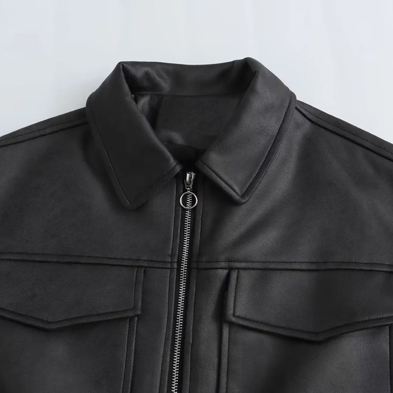 2023 m. rudens moteriškas Pu odinis didelių kišenių striukė Moteriškas laisvalaikio paltas su apykakle ilgomis rankovėmis, skirtas moteriškas paltas su užtrauktuku