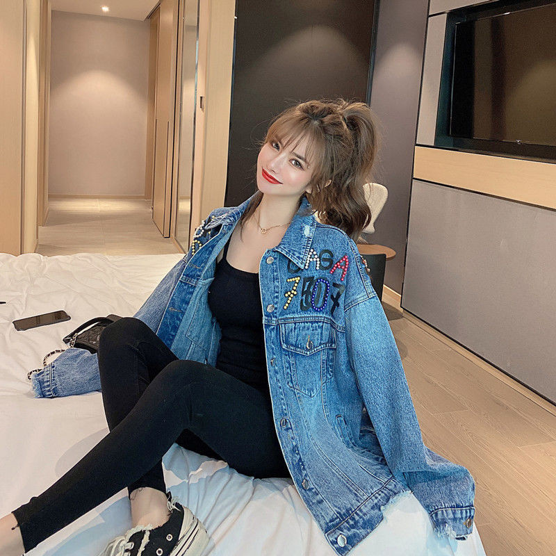 European Station Spring Ženska traper jakna Nova modna široka mrežasta jakna Red Hot Diamond Heavy Industry Bear Denim Veliki ženski kaput