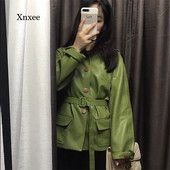 Zimska High Street ženska kožna jakna Zelena jakna od umjetne kože s remenom Punk jakna Ženska osnovna široka jakna