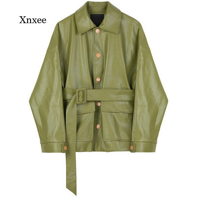 Zimska High Street ženska kožna jakna Zelena jakna od umjetne kože s remenom Punk jakna Ženska osnovna široka jakna