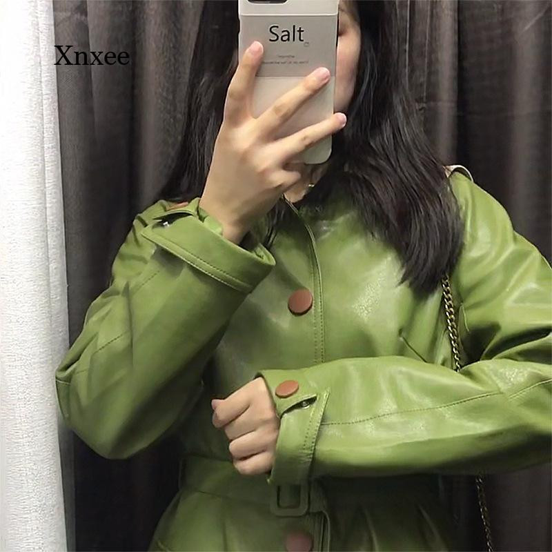 Zimska High Street ženska kožna jakna Zelena jakna od umjetne kože s remenom Punk jakna Ženska osnovna široka jakna