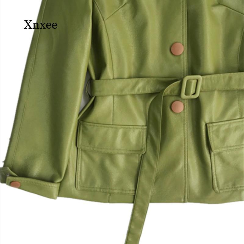Zimska High Street ženska kožna jakna Zelena jakna od umjetne kože s remenom Punk jakna Ženska osnovna široka jakna