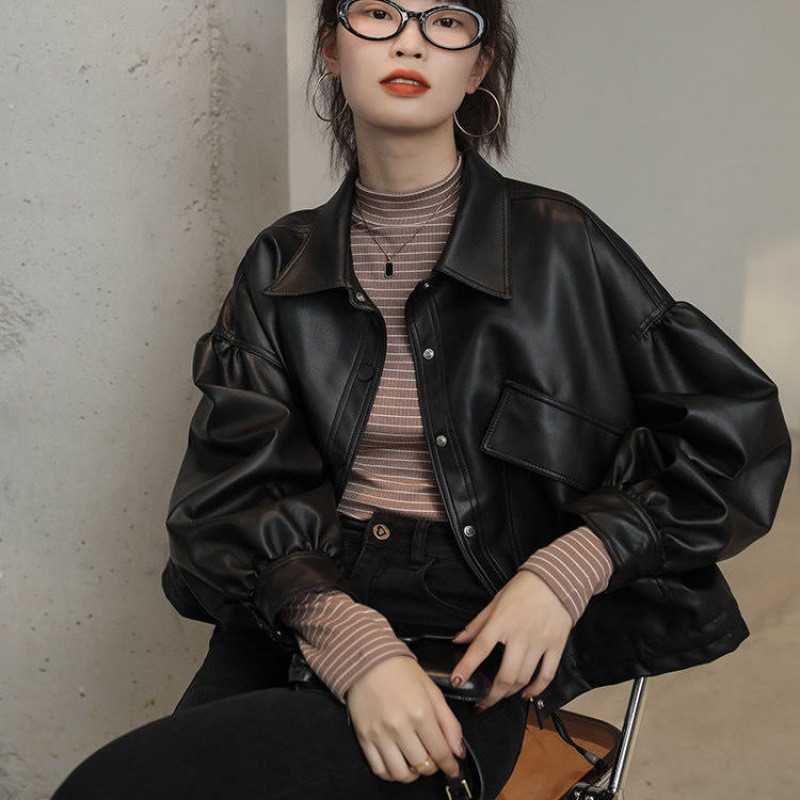 Ženska labava kožna jakna za proljeće 2023., ležerni dizajn, crna kratka motociklistička jakna, gotički, uski, tanki kaputi za djevojke Japan