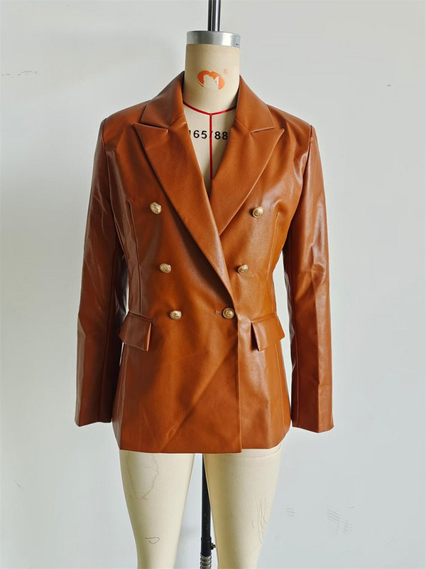 Modes sieviešu PU ādas žakete Rudens Ziemas Retro Divrindu uzvalks Mētelis Biroja virsdrēbes Sieviešu brūns brīvs mētelis