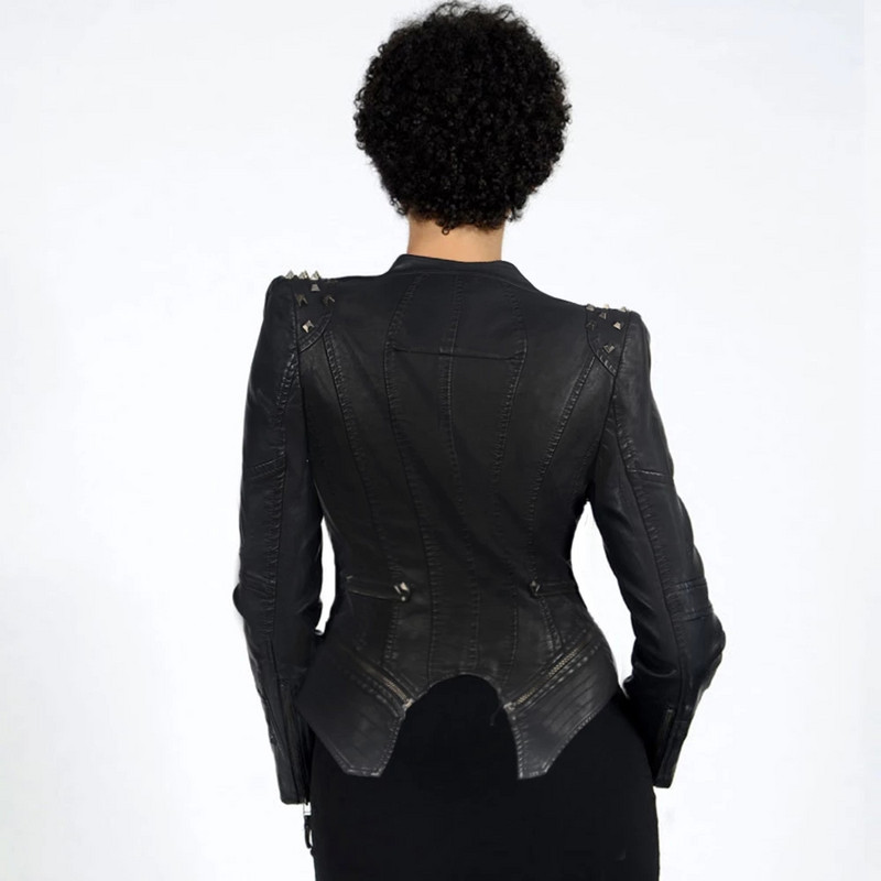 Ženska motociklistička jakna Kožna zakovica Crni kaput Jakne s patentnim zatvaračem od umjetnog PU Zima Jesen Gotička gornja odjeća Oprema Kaput velikih veličina