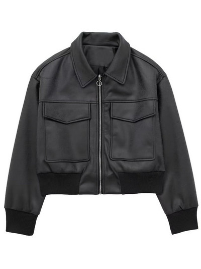 TRAF 2023, nova ženska jakna od PU kože, jakna otporna na vjetar Bomber jakna s punim patentnim zatvaračem, džepovi na preklop, topli kaputi od umjetne kože