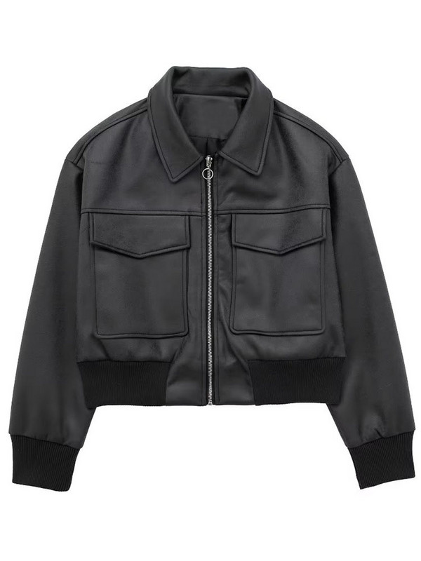 TRAF 2023, nova ženska jakna od PU kože, jakna otporna na vjetar Bomber jakna s punim patentnim zatvaračem, džepovi na preklop, topli kaputi od umjetne kože