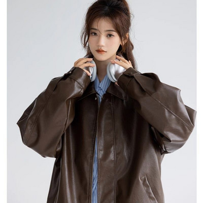 Deeptown Vintage kožna trkaća jakna Ženska ležerna prevelika korejska modna motociklistička jakna s patentnim zatvaračem Ulična odjeća Gotički stil