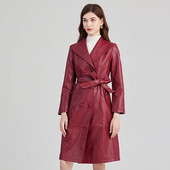 De înaltă calitate, toamnă iarnă, haină de vânt din piele artificială pentru femei, cu guler cu rever, curea cu dantelă, haină caldă de șanț din PU