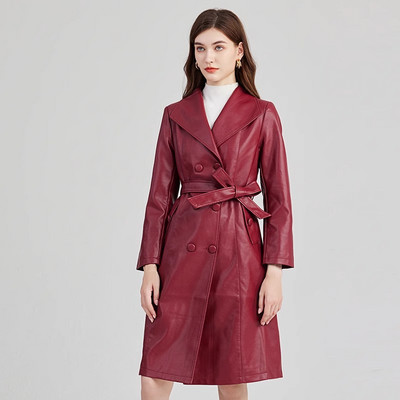 De înaltă calitate, toamnă iarnă, haină de vânt din piele artificială pentru femei, cu guler cu rever, curea cu dantelă, haină caldă de șanț din PU