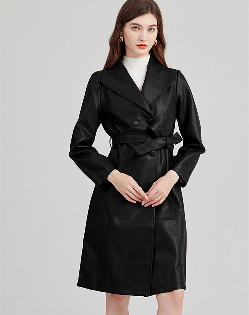 De înaltă calitate, toamnă iarnă, haină de vânt din piele artificială pentru femei, cu guler cu rever, curea cu dantelă, haină caldă de șanț din PU