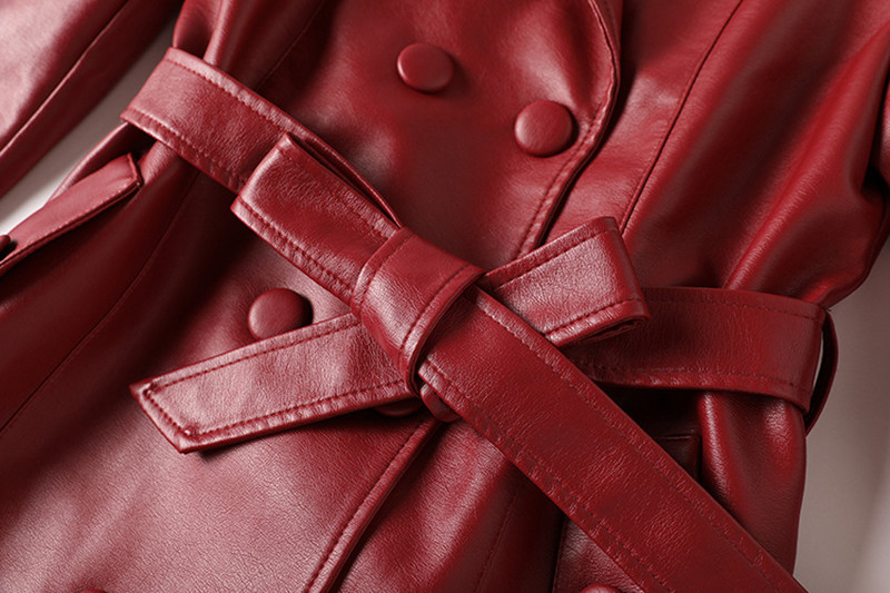 De înaltă calitate, toamnă iarnă, haină de vânt din piele artificială pentru femei, cu guler cu rever, curea cu dantelă, haină caldă de șanț din PU