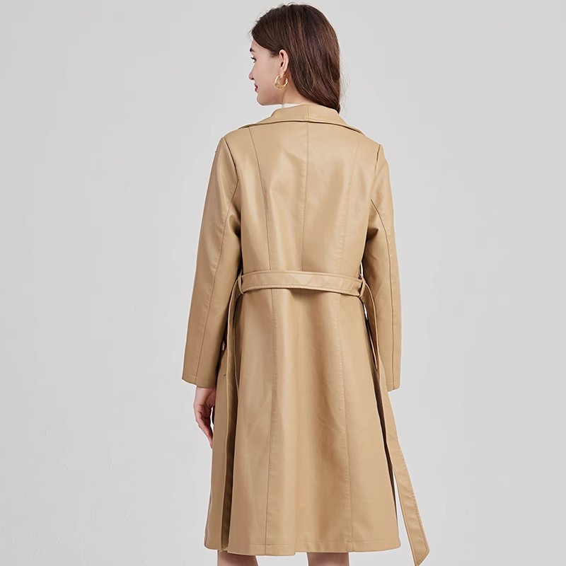 De înaltă calitate, toamnă iarnă, haină de vânt din piele artificială pentru femei, cu guler cu rever, curea cu dantelă, haină caldă de șanț din PU