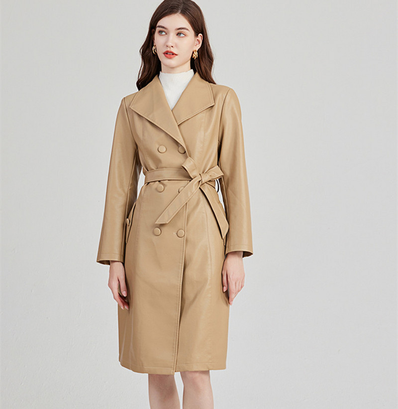 De înaltă calitate, toamnă iarnă, haină de vânt din piele artificială pentru femei, cu guler cu rever, curea cu dantelă, haină caldă de șanț din PU