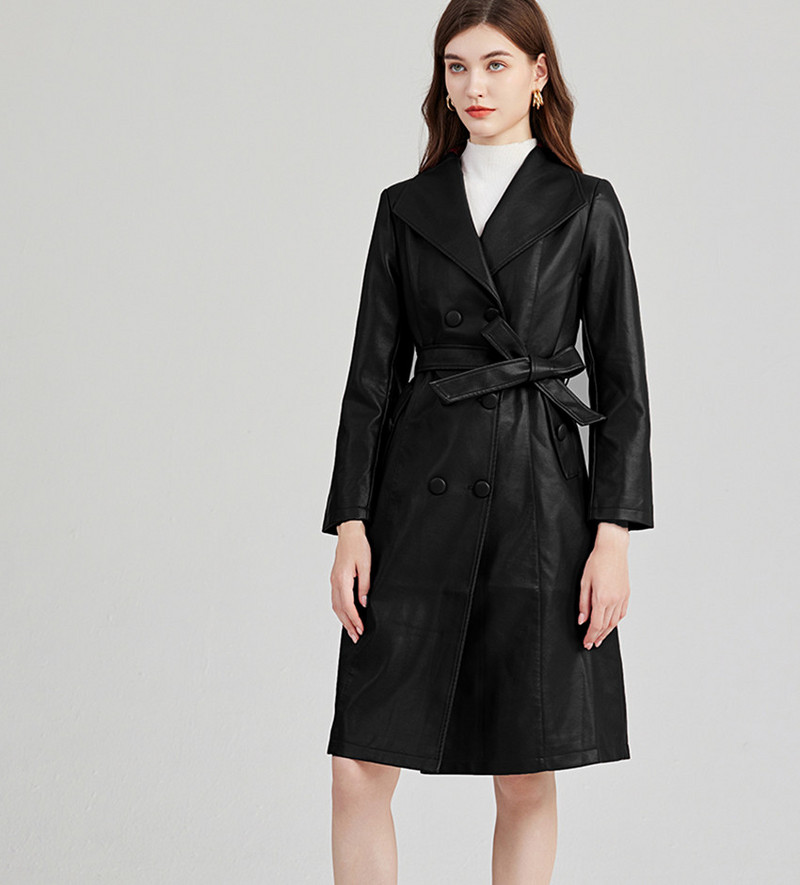 De înaltă calitate, toamnă iarnă, haină de vânt din piele artificială pentru femei, cu guler cu rever, curea cu dantelă, haină caldă de șanț din PU