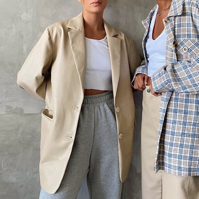 Jakna od umjetne kože Ženska jesenska modna jakna Jednoredno kopčanje, široke ležerne kožne jakne