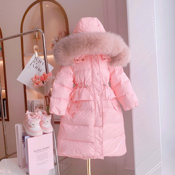 4-12 годишно зимно тънко яке за момичета, дълго стилно кожено яке с качулка, розово, черно, плътно палто за деца, детско връхно облекло