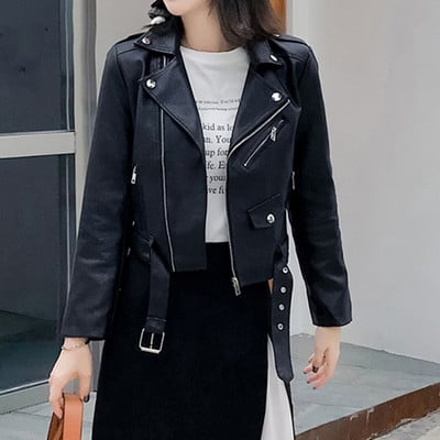 DIMI Femei Elegante decupate îmbrăcăminte la modă coreeană casual subțire, alb, imitație de piele sacou femei cu centură jachetă scurtă din PU