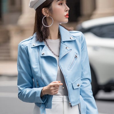 DIMI Femei Elegante decupate îmbrăcăminte la modă coreeană casual subțire, alb, imitație de piele sacou femei cu centură jachetă scurtă din PU