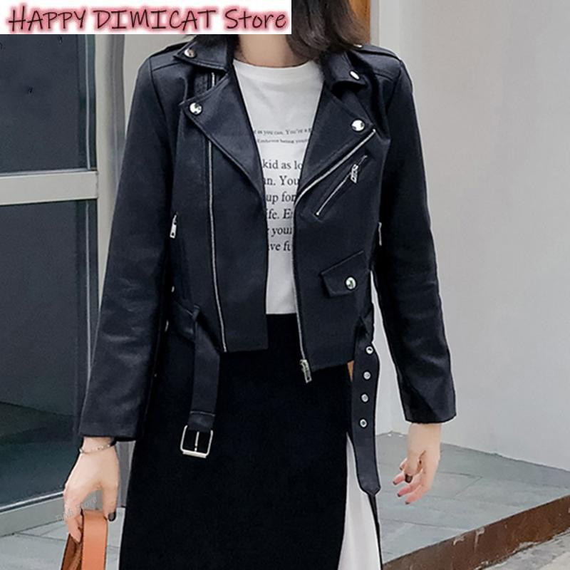 DIMI Femei Elegante decupate îmbrăcăminte la modă coreeană casual subțire, alb, imitație de piele sacou femei cu centură jachetă scurtă din PU