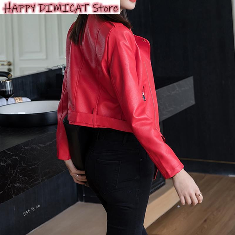 DIMI Femei Elegante decupate îmbrăcăminte la modă coreeană casual subțire, alb, imitație de piele sacou femei cu centură jachetă scurtă din PU