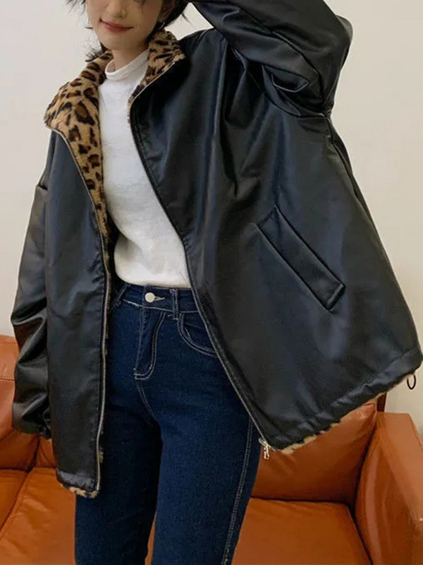 Sungtin zimske reverzibilne PU kožne jakne za žene Leopard print plišana bunda od umjetnog krzna Koreja Prevelika deblja topla odjeća