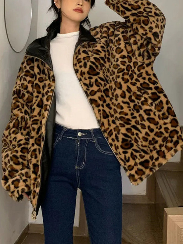 Sungtin zimske reverzibilne PU kožne jakne za žene Leopard print plišana bunda od umjetnog krzna Koreja Prevelika deblja topla odjeća