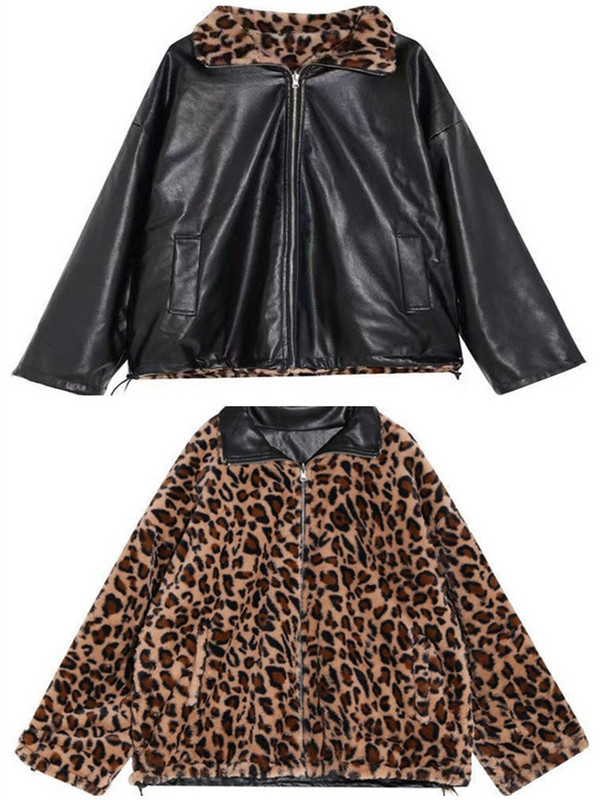 Sungtin zimske reverzibilne PU kožne jakne za žene Leopard print plišana bunda od umjetnog krzna Koreja Prevelika deblja topla odjeća