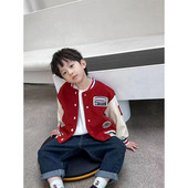 Zēnu beisbola mētelis āra jaka ar vienrindu raibu burtu apdruka, brīva cēloņsakarība, 2023. gada pavasaris, rudens 4–12 gadus veci