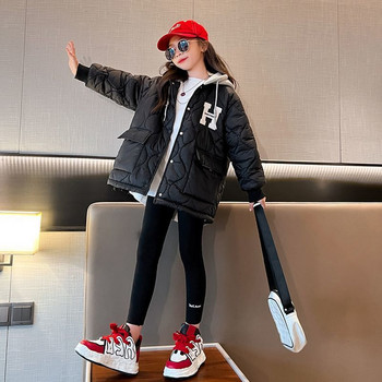 2023 Children Girls Plus Fleece Coat New Teenas Loose Fashion Βαμβακερό σακάκι για κορίτσι με στάμπα γράμμα με κουκούλα Μπουφάν Κοριτσίστικα παλτό Top