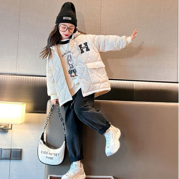 2023 Children Girls Plus Fleece Coat New Teenas Loose Fashion Βαμβακερό σακάκι για κορίτσι με στάμπα γράμμα με κουκούλα Μπουφάν Κοριτσίστικα παλτό Top