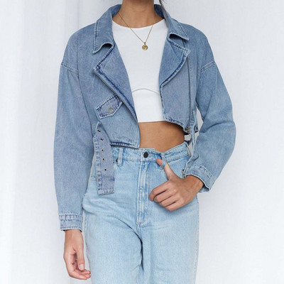 Sieviešu džinsu jaka Sieviešu pavasara un rudens jauna mode Street hip hop personalizēta polo apkakle, poga kaklasaite jostasvieta, mazgāta džinsa auduma