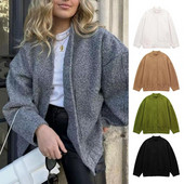 Ženska, široka, svestrana bomber jakna s džepovima i skrivenim gumbima, s okruglim izrezom i dugim rukavima, ležerni gornji kaputi Novo