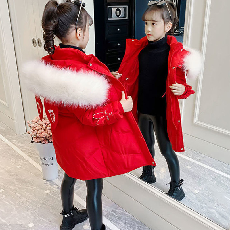 Slatka zimska jakna za djevojčice sa zečjim ušima, koja održava toplinu, modni krzneni ovratnik, princezni kaput s kapuljačom i patentnim zatvaračem Gornja odjeća za djecu 5-12 godina